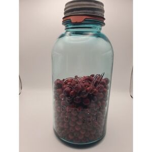 Vintage 1920s Blue Ball Perfect Mason Jar No. 2 with Cranberry Wood Beads